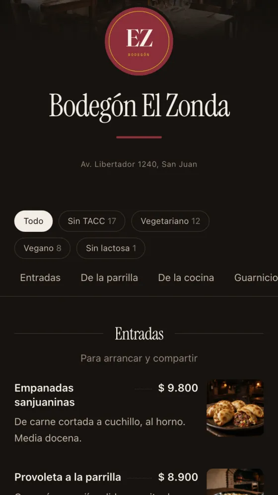 La carta del Bodegón El Zonda como la ve el comensal en su celular