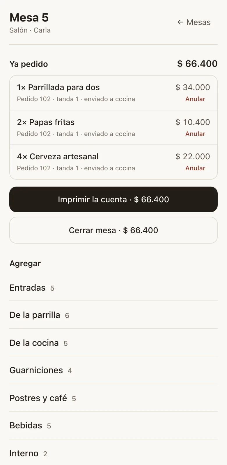 El detalle de la mesa 5 con sus platos y el total