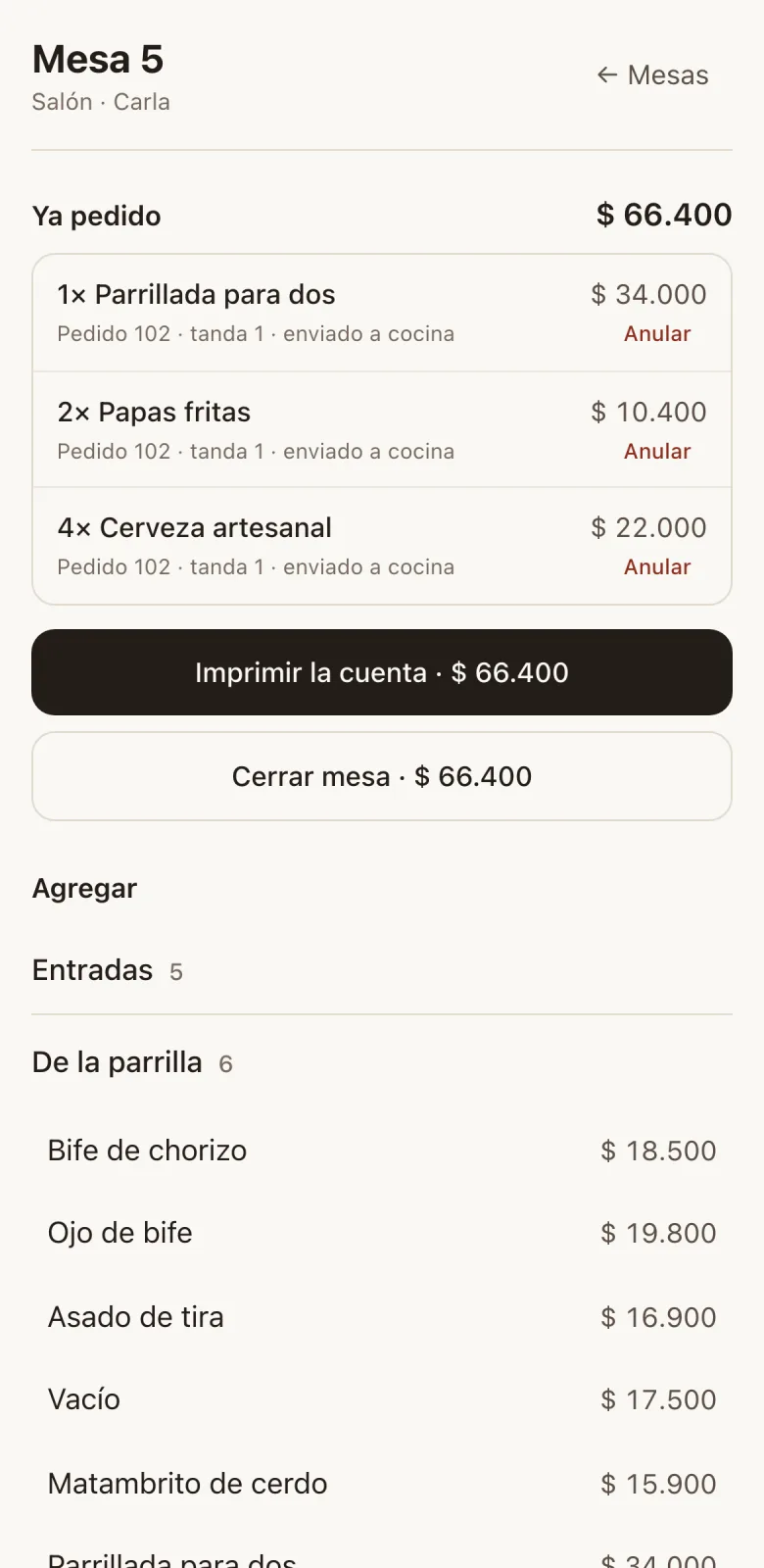 La categoría De la parrilla abierta, con cada plato y su precio